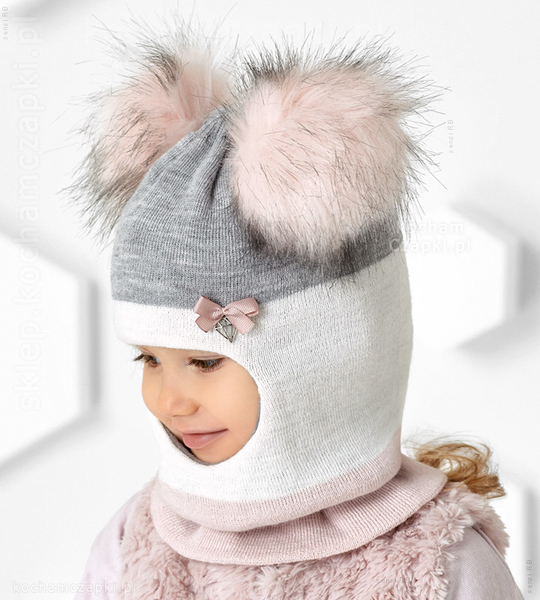 Czapka kominiarka dla dziewczynki, dwa pompony, morela+szary, Kejsa, 46-49 cm 