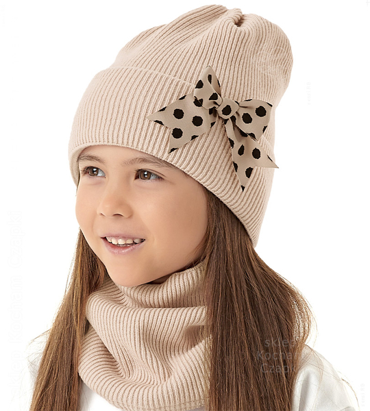 Czapka zimowa i komin dla dziewczynki, Lovilet, beżowy, 52-56 cm