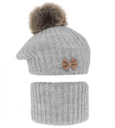 Beret zimowy i komin dla dziewczynki, Lopezja, szary, 53-55 cm