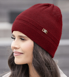 Czapka zimowa damska, elegancka, z wełny 100% merino, Orchidea, bordowa, 55-57 cm