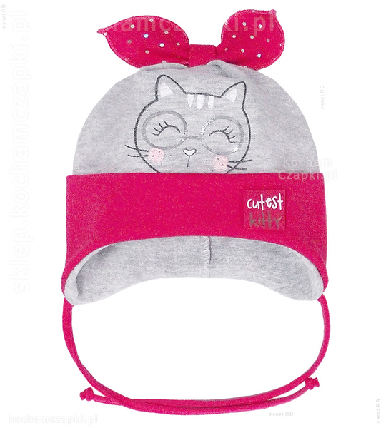  Wiązana czapeczka bawełniana wiosenna/jesienna, Cutest Kitty dla dziewczynki  rozm. 42-45 cm