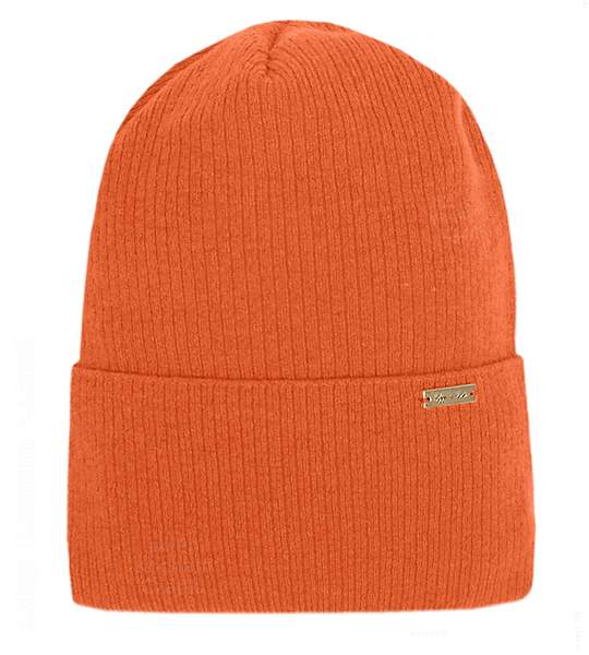 Czapka damska wełniana z podszewką, prążek, pomarańczowa, Hilda, 54-57 cm