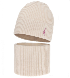 Czapka i komin dla dziewczynki jesienny, wiosenny komplet, beżowy jasny, Velara, 52-54