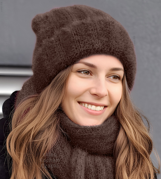Czapka i szalik damski, komplet zimowy puszysty, Livona, brązowy, 56-59 cm