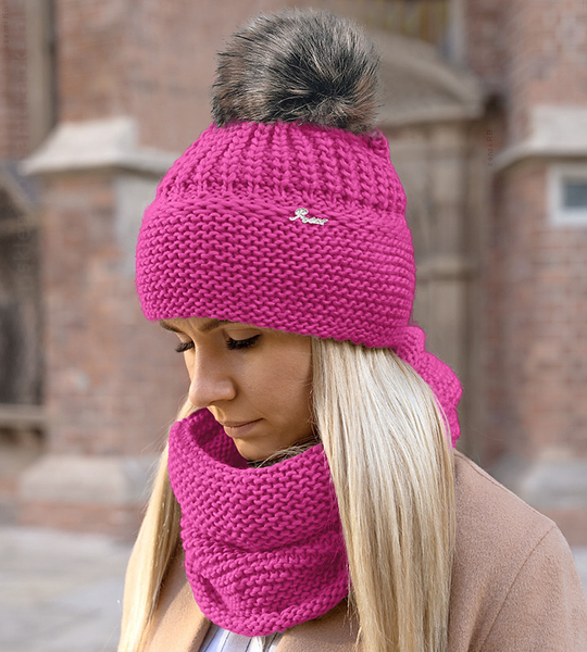 Modna zimowa czapka damska z pomponem, komplet z kominem, Mauricia rozm. 55-57  cm