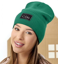 Czapka wiosenna-jesienna damska, z dzianiny w prążek, zielony ciemny, Engera, 54-57 cm