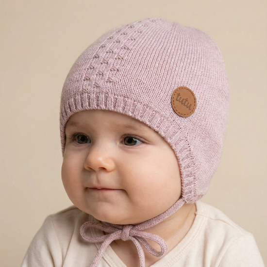 Czapka jesienna/wiosenna dla dziewczynki, dzianina Merino, Lissana, wrzosowa, 38-42 cm