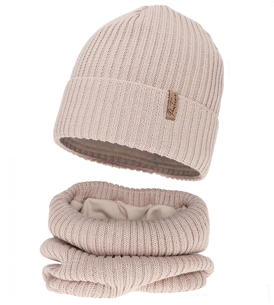 Czapka i komin dla dziewczynki, z wełną merino, Edotie, beżowy (05), 50-52 cm