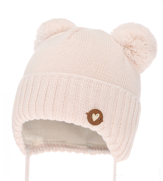 Czapka niemowlęca na zimę dla dziewczynki, merino, Semyna, kremowa, 38-40 cm