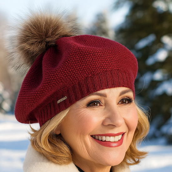  Beret damski, zimowy, z wełną merino, Nobbie, bordowy, 55-58 cm