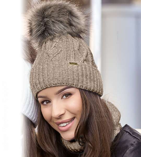 Czapka i komin zimowy, komplet damski, Kaleva, brązowy melanż, 55-57 cm