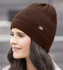 Czapka zimowa damska, elegancka, z wełny 100% merino, Orchidea, brązowa, 55-57 cm