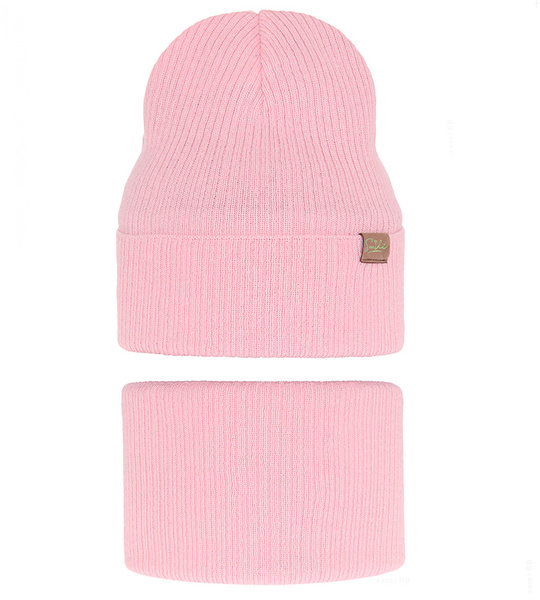 Komplet wiosenny/jesienny dla dziewczynki, czapka i komin, róż pudrowy, Olana, 50-54 cm