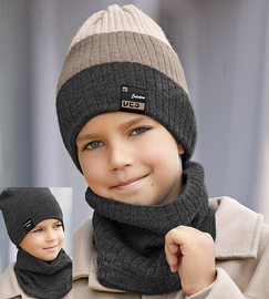 Zimowa czapka i komin, sportowy komplet dla chłopca, Desuno, dwustronny, grafit + beż, 54-60 cm