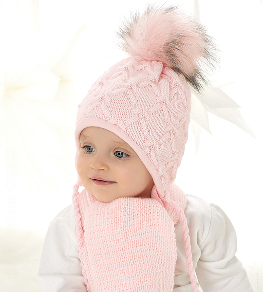 Czapka i szalik dla dziewczynki, zimowy komplet z perełkami, Marima, różowy, 44-46 cm