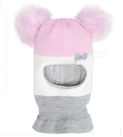 Czapka kominiarka dla dziewczynki, dwa pompony, róż+biały, Kajsa, 46-49 cm