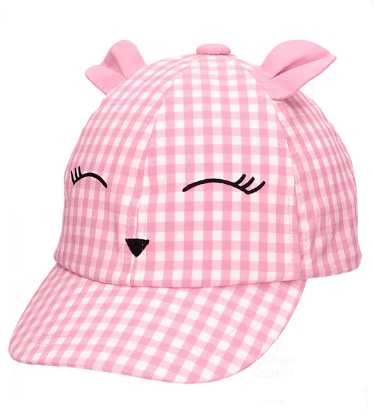 Czapka z daszkiem na lato dla dziewczynki, bawełniana, z uszkami, Mulien, różowa, 46-49 cm