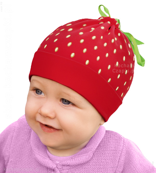 Niemowlęca czapka na wiosnę-jesień, dla dziewczynki, dwustronna, Truskawka, rozm. 48-51 cm