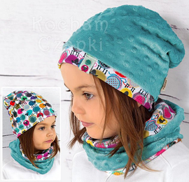 Komplet Owieczki, czapka i komin, dwustronny na jesień i zimę, rozm. 46-49 cm, niebieski