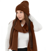 Komplet zimowy damski, czapka i szalik, z wełną merino, Alyssa, brązowy, 56-60 cm