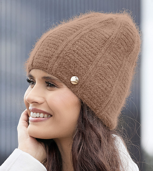 Czapka zimowa damska z angorą, Kristana, karmel, 55-58 cm