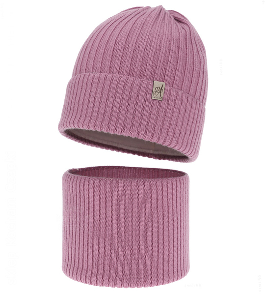 Czapka i komin dla dziewczynki, 100% merino, Temira, wrzosowy, 50-52 cm