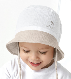 Kapelusz muślinowy dla chłopca, wiązany, na lato, biały + beż jasny ,  Miphyc, 48-50 cm