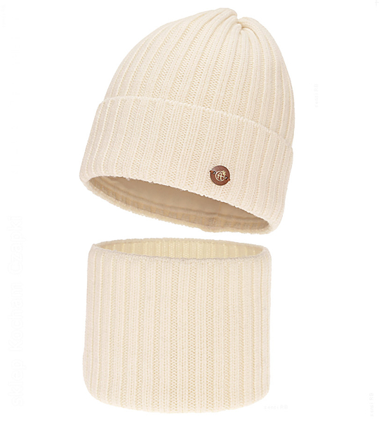 Czapka i komin z wełny merino 100%, komplet zimowy, Navira, kremowy, 54-56 cm