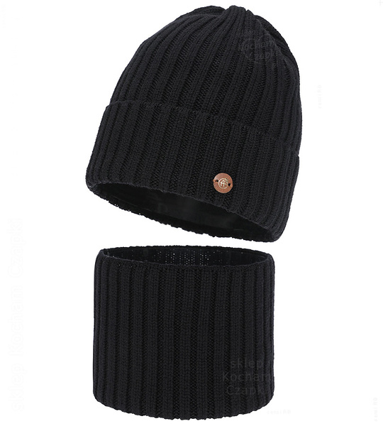 Czapka i komin z wełny merino 100%, komplet zimowy, Navira,  czarny , 54-56 cm