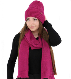 Komplet zimowy damski, czapka i szalik, z wełną merino, Alyssa, róż amarant, 56-60 cm