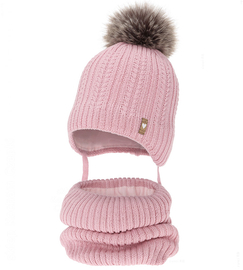 Czapka zimowa i komin z wełną merino, dla dziewczynki, Anmunda,  różowy (01) , 48-50 cm