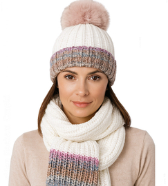 Czapka i szalik damski, komplet zimowy, z polarem, Borgata, mleczny + wzór (15) , 56-58 cm