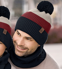Modna czapka i komin zimowy męski, Gutwin, granatowy + bordowy, 56-60 cm