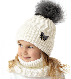 Czapka i komin dla dziewczynki, komplet zimowy, Eilhart, kremowy, 48-50 cm