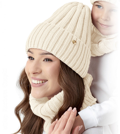 Czapka i komin zimowy, komplet damski, Falka, kremowy, 56-60 cm