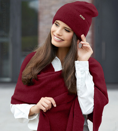 Komplet damski wełniany, czapka i szal, Berbra, bordowy, rozm. 54-56