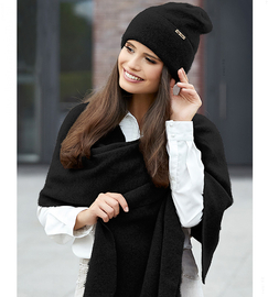 Komplet damski wełniany, czapka i szal, Berbra, czarny, rozm. 54-56