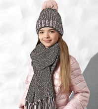 Ciepła czapka i szalik dla dziewczynki, podszyta polarem, szary + róż pudrowy, 53-55 cm