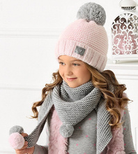 Czapka i chustka dla dziewczynki, zimowa, z pomponem, Fanny, róż jasny + szary, 52-55 cm