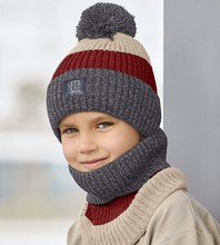 Czapka i komin dla chłopca na zimę, Bonfim, bordo/beż, 51-54 cm