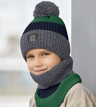 Czapka i komin dla chłopca na zimę, Bonfim, granatowy + zielony, 51-54 cm