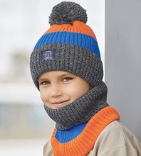Czapka i komin dla chłopca na zimę, Bonfim, niebieski/pomarańcz, 51-54 cm