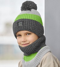 Czapka i komin dla chłopca na zimę, Bonfim, zielony + szary, 51-54 cm