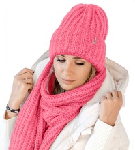 Czapka i szalik damski, modny komplet zimowy, Limda, różowy, 56-59 cm