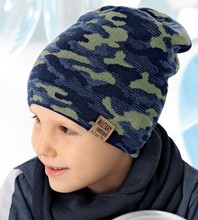 Czapka wiosenna-jesienna dla chłopca, dzianinowa, militarna, granat+khaki, Erandi, 54-56 cm