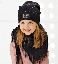 Czarny komplet z dżetami, czapka i chusta dla dziewczynki, Style Girl, rozm. 51-55 cm