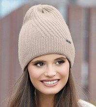 Damska czapka wełniana, zimowa, Prugie, jasny beż, 56-58 cm