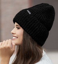 Ekskluzywna czapka damska zimowa, wełna, alpaka naturalna, czarna, Tuvia, 55-58 cm