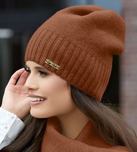 Ekskluzywna czapka zimowa damska,  wełniana, Viveka, cynamonowy, 54-56 cm