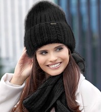 Ekskluzywny komplet, czapka i szalik damski angora, Softina, czarny, 54-56 cm